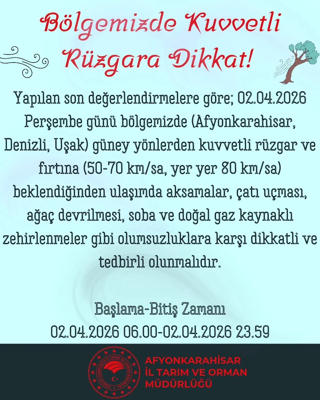 Bölgemizde Kuvvetli Rüzgara Dikkat! Afyonkarahisar İl Tarım Ve Orman Müdürlüğü Açıkladı