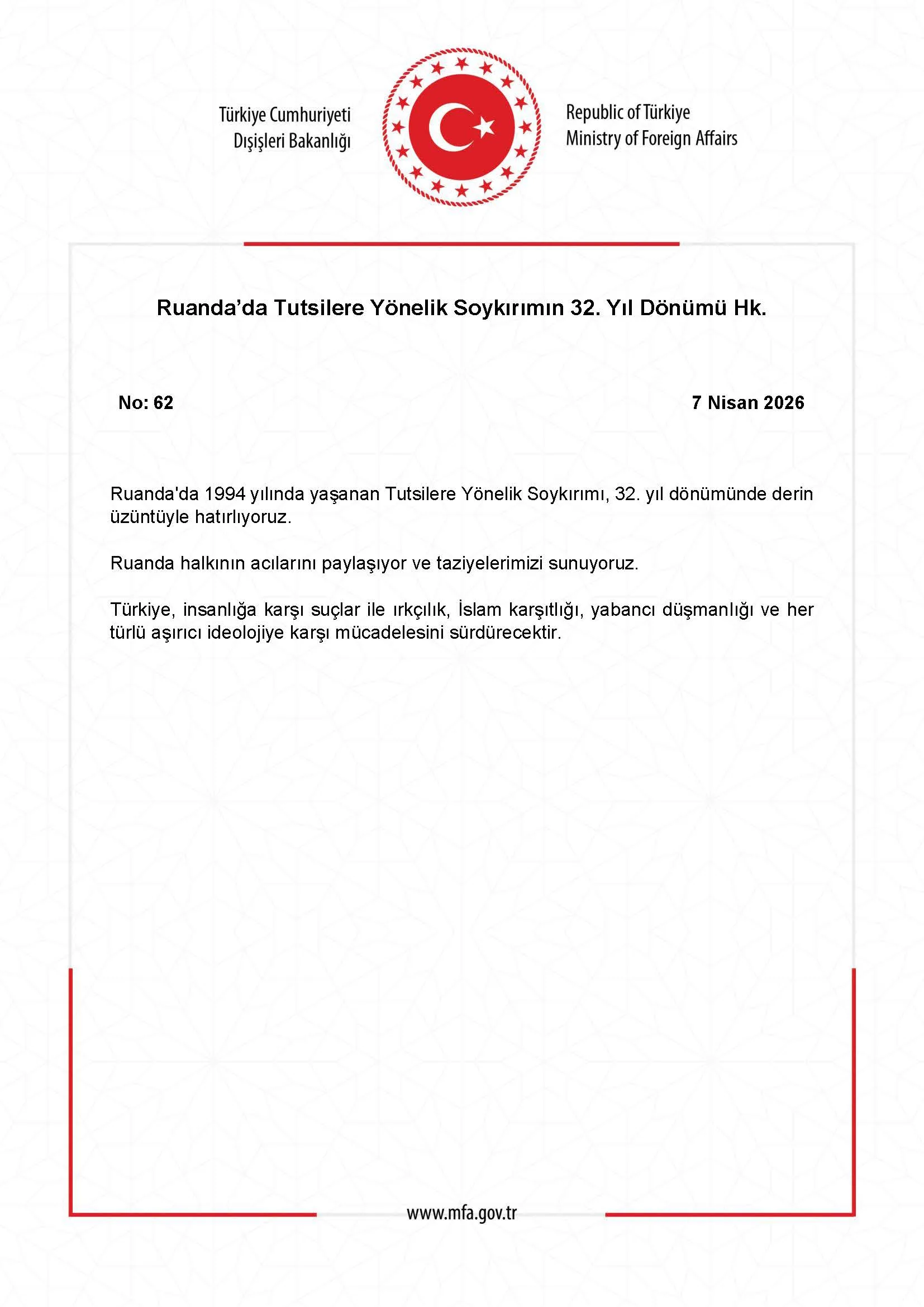 Ruanda'daki Tutsi Soykırımı'nın 32. Yıl Dönümü Anıldı