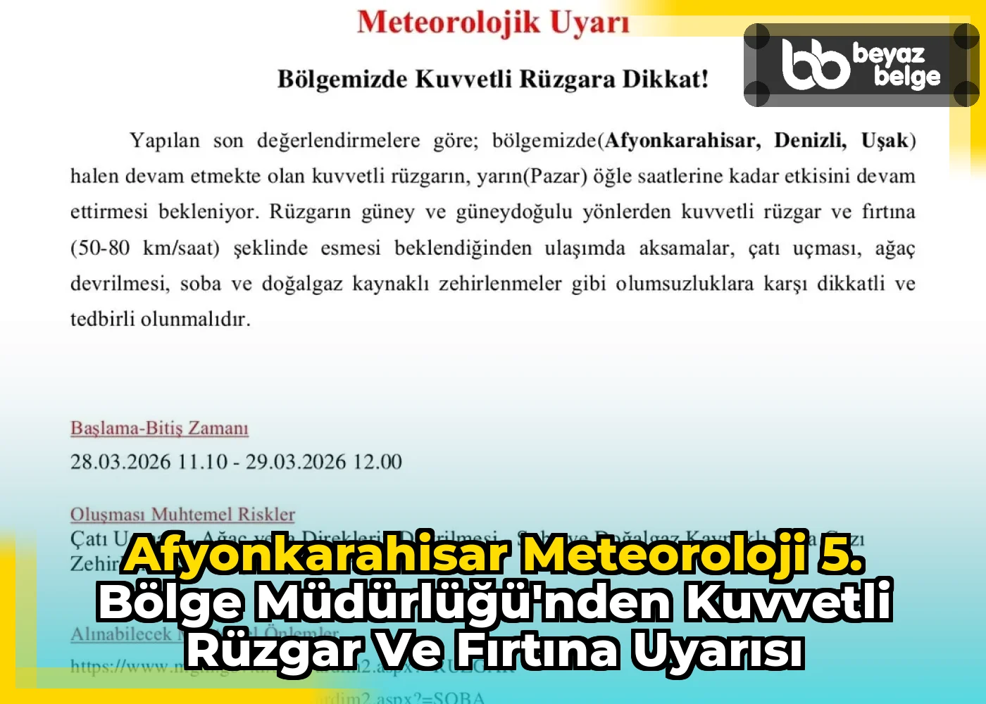 Afyonkarahisar Meteoroloji 5. Bölge Müdürlüğü'nden Kuvvetli Rüzgar ve Fırtına Uyarısı