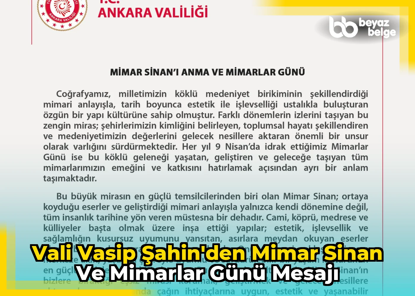Vali Vasip Şahin'den Mimar Sinan ve Mimarlar Günü Mesajı