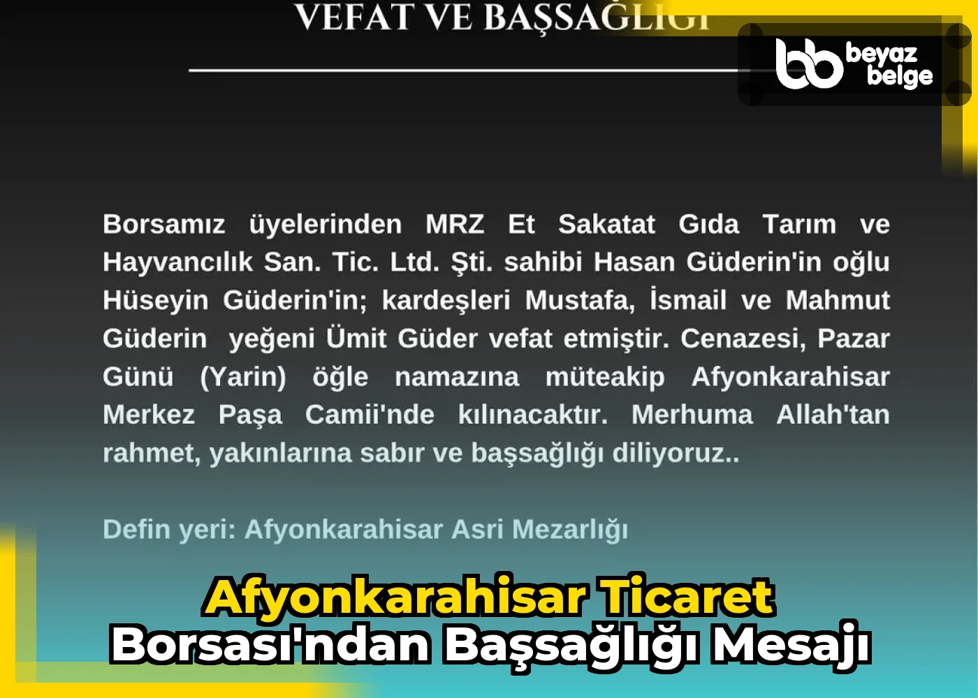 Afyonkarahisar Ticaret Borsası'ndan Başsağlığı Mesajı