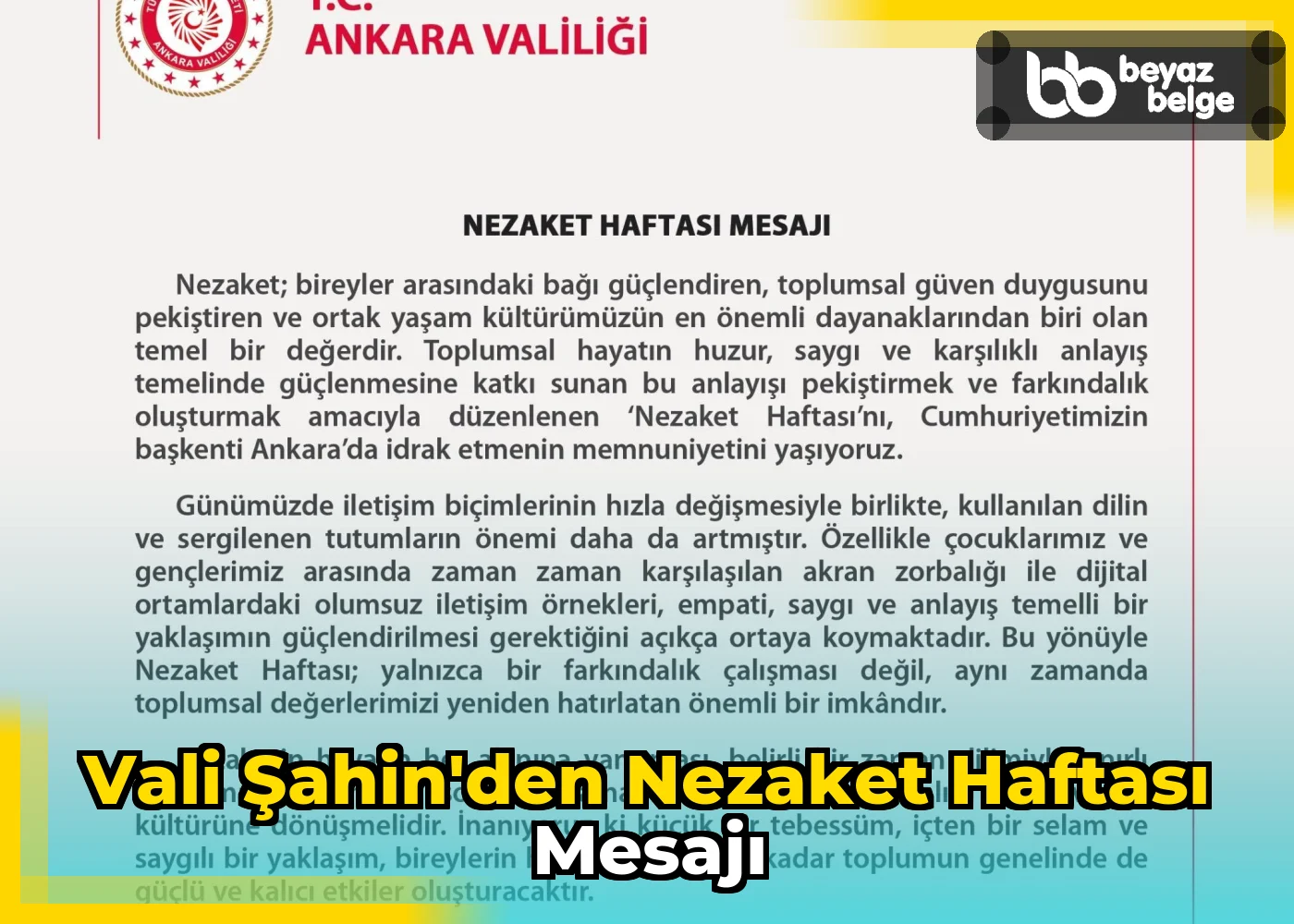 Vali Şahin'den Nezaket Haftası Mesajı