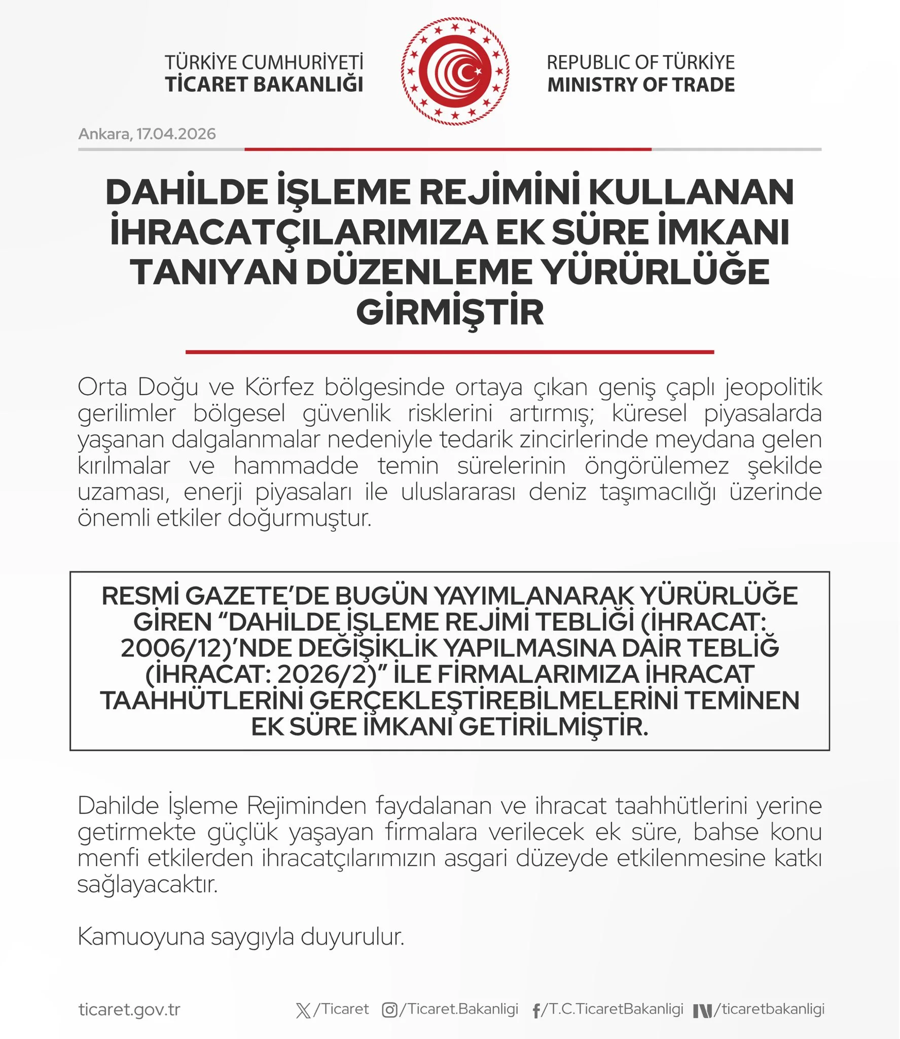 İthalat İşleme Rejimi İçin Ek Süre Düzenlemesi