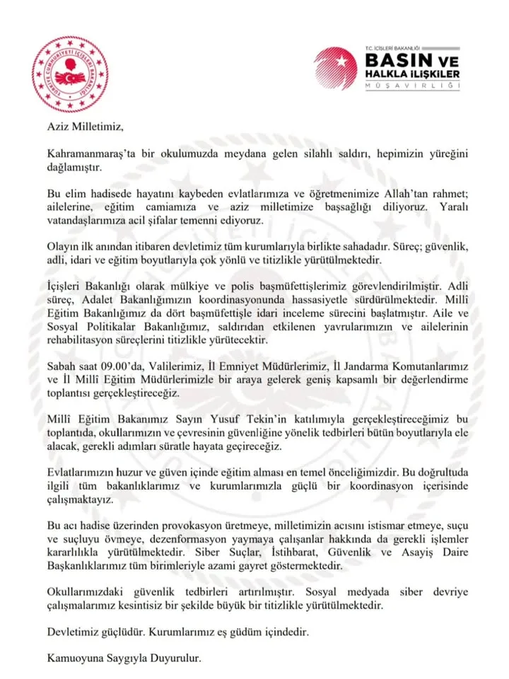Kahramanmaraş'taki Okul Saldırısıyla İlgili Devlet Kurumlarının Aldığı Tedbirler Neler?