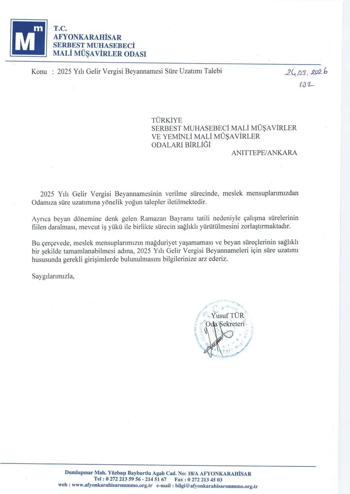 Afyonkarahisar Mali Müşavirler Odası'nın Uzatma Talebi Paylaşımı