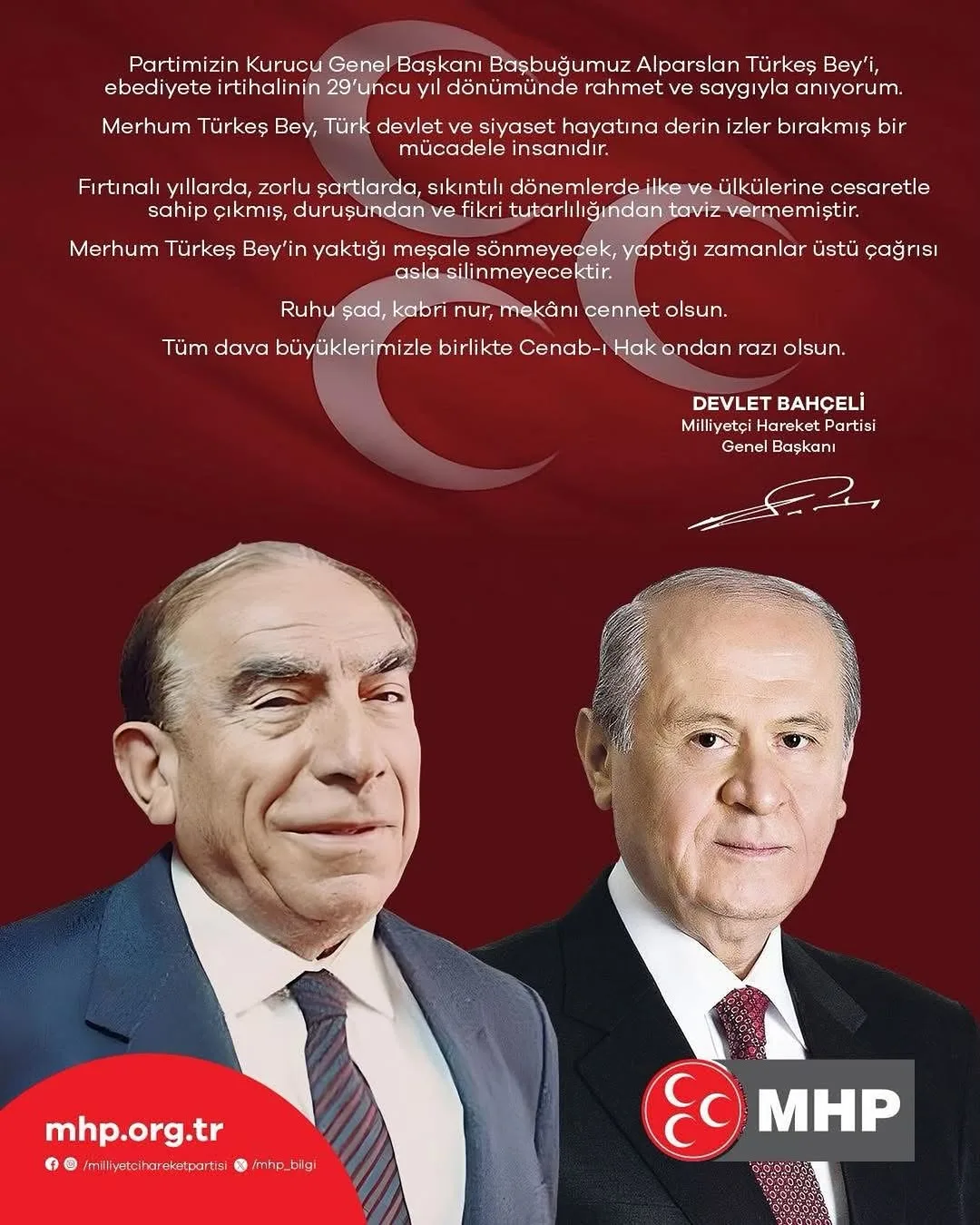 MHP'den Alparslan Türkeş'i Anma Mesajı