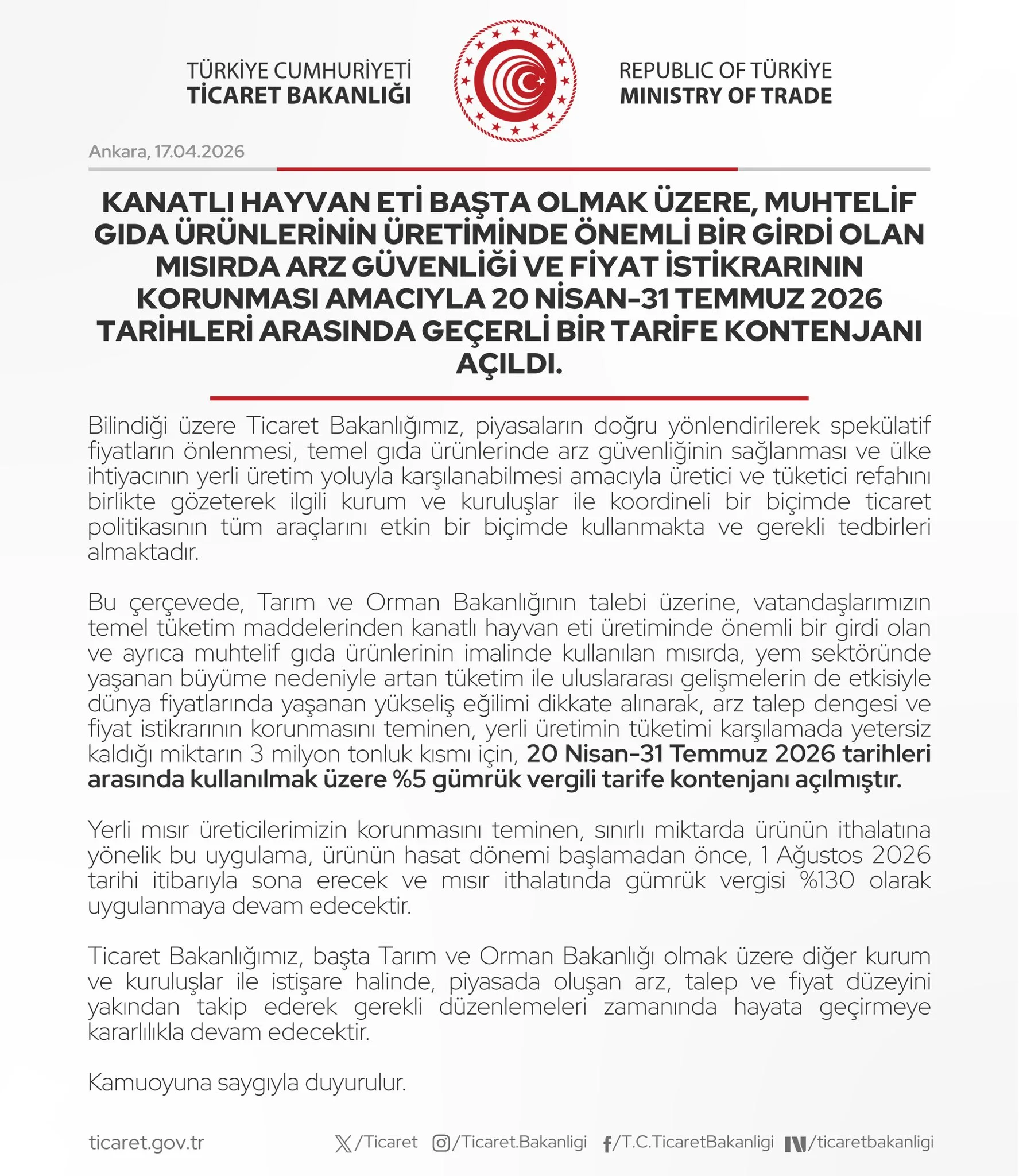 Mısır için yeni tarife kotası ne zaman geçerli?