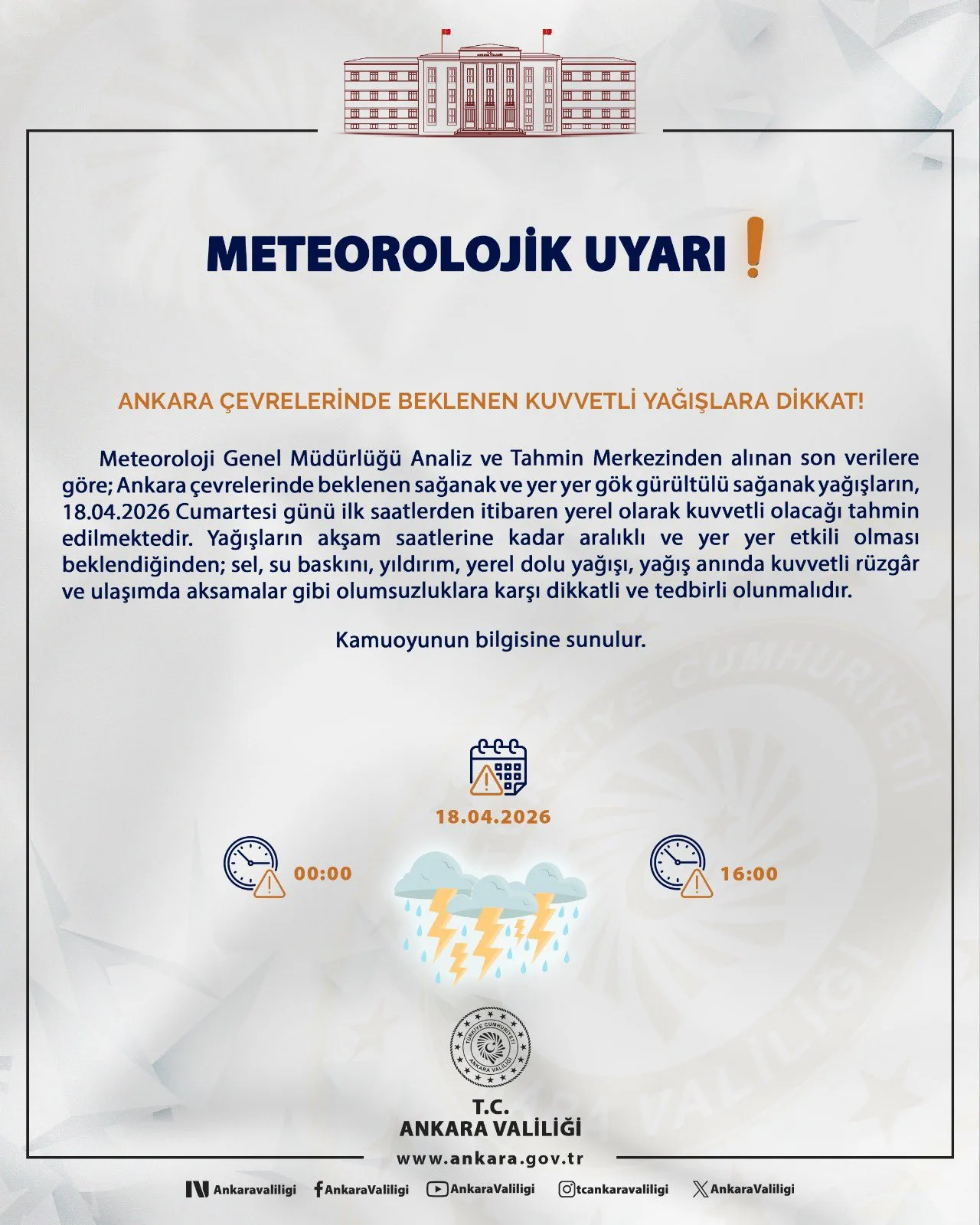 Ankara'da Aşırı Yağış ve Fırtına Bekleniyor