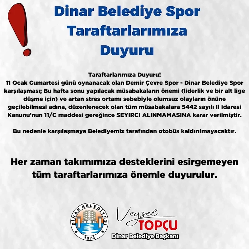 Tribünler Boş Kalacak: Demir Çevre Spor - Dinar Belediye Spor Maçı Seyircisiz Oynanacak