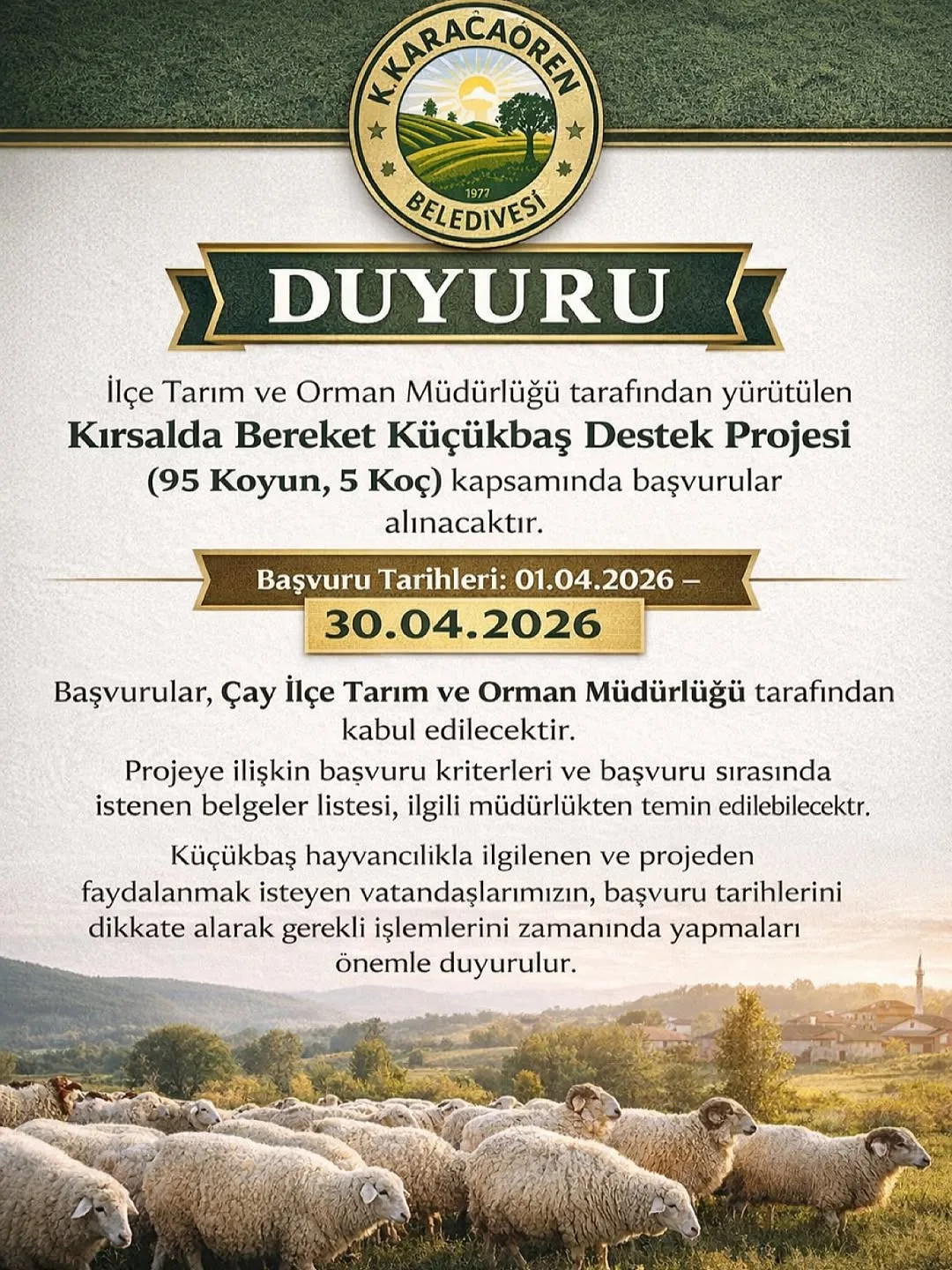 Kırsalda Bereket Küçükbaş Destek Projesi Başvuru Duyurusu