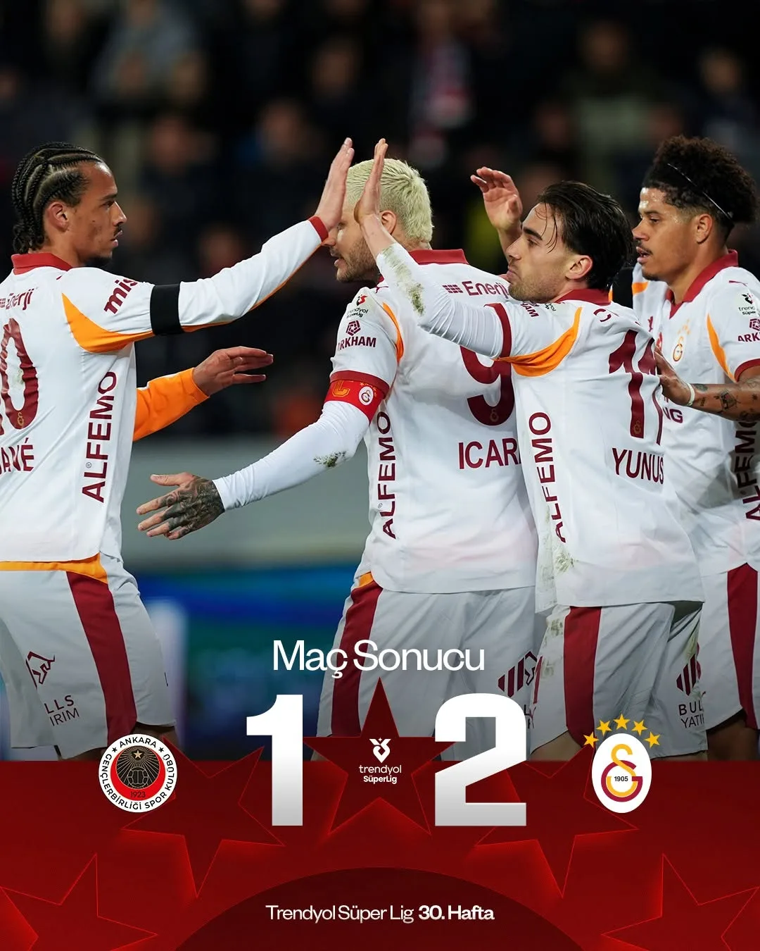 Galatasaray, N. D. Gençlerbirliği'ni deplasmanda 2-1 mağlup ederek 3 puanı hanesine yazdı