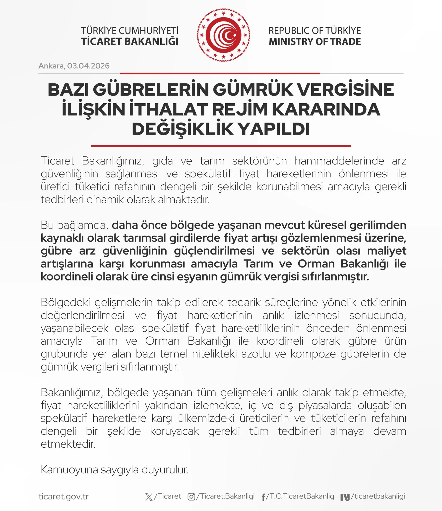 Gübre Gümrük Vergisi Değişikliği