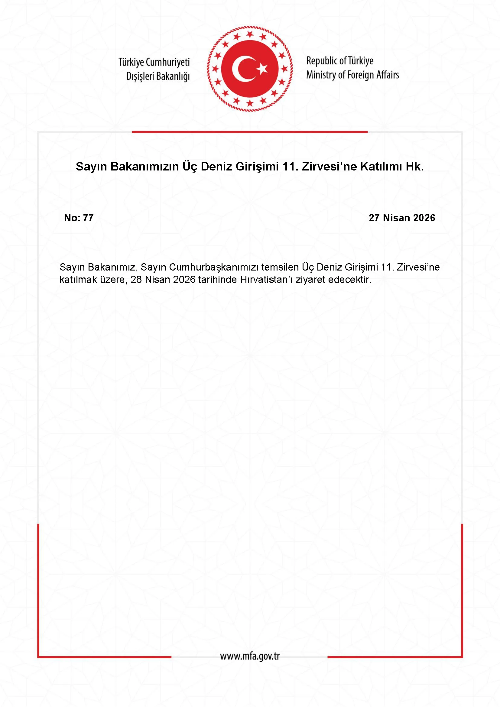 Bakanın Üç Deniz Girişimi Zirvesi Katılımı