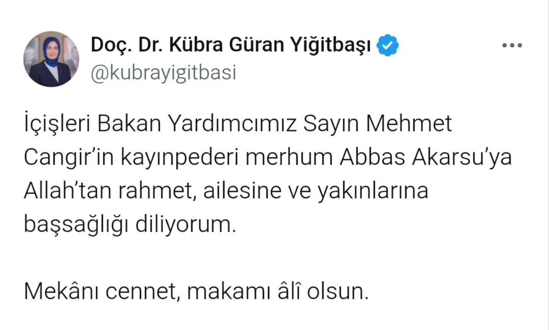 İçişleri Bakan Yardımcısı Mehmet Cangir'in Kayınpederi İçin Başsağlığı Mesajı