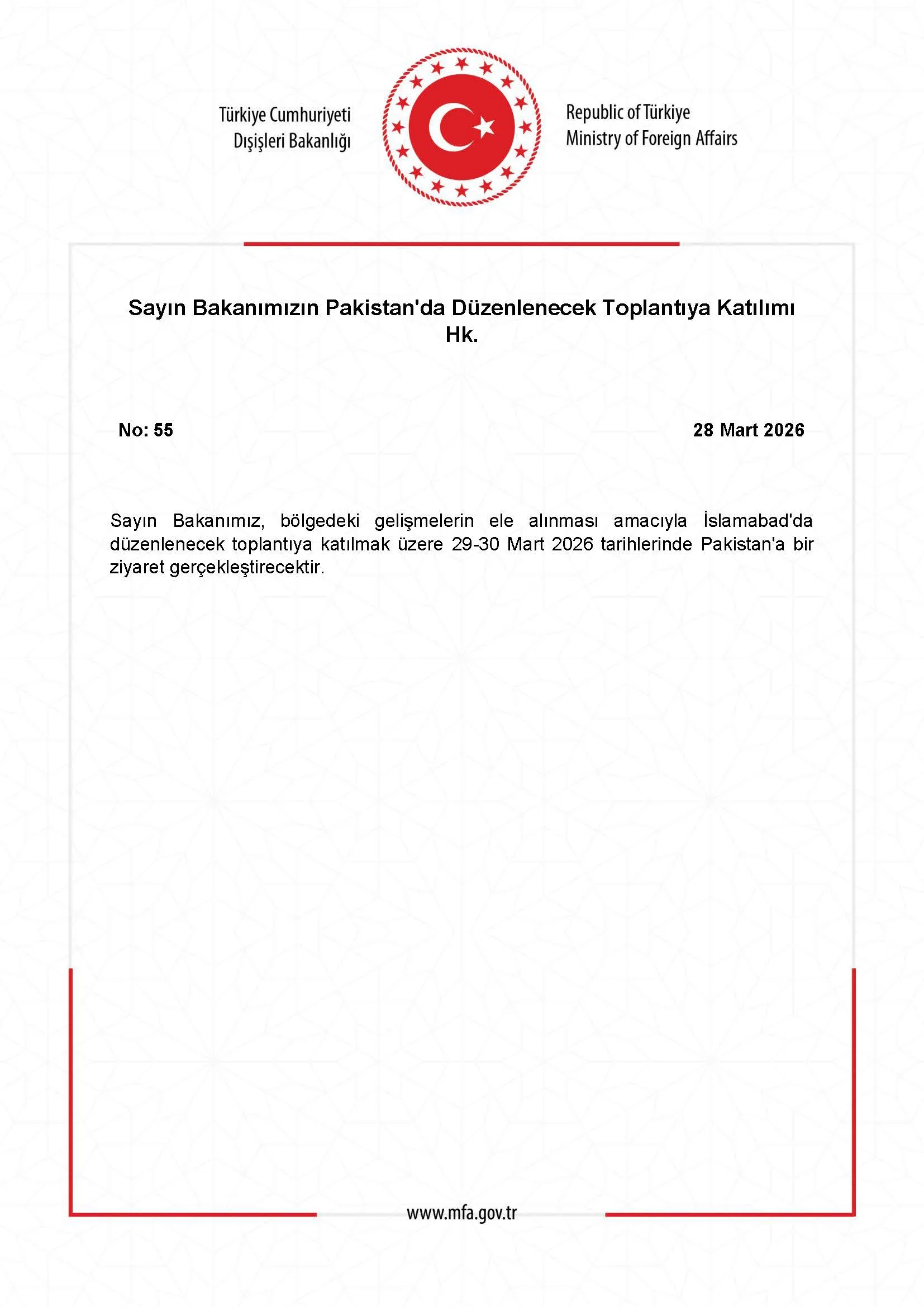 Bakanın Pakistan Ziyareti