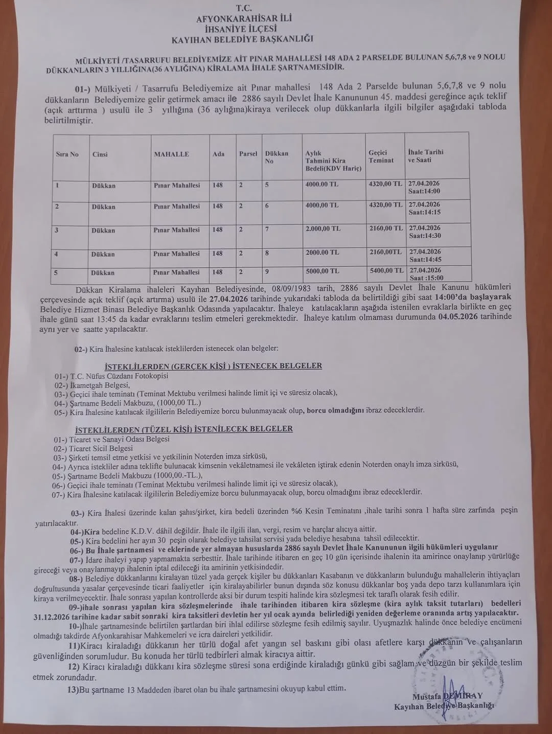 Kayıhan Belediyesi Pınar Mahallesi'nde Dükkan Kiralama İhalesi Duyurusu