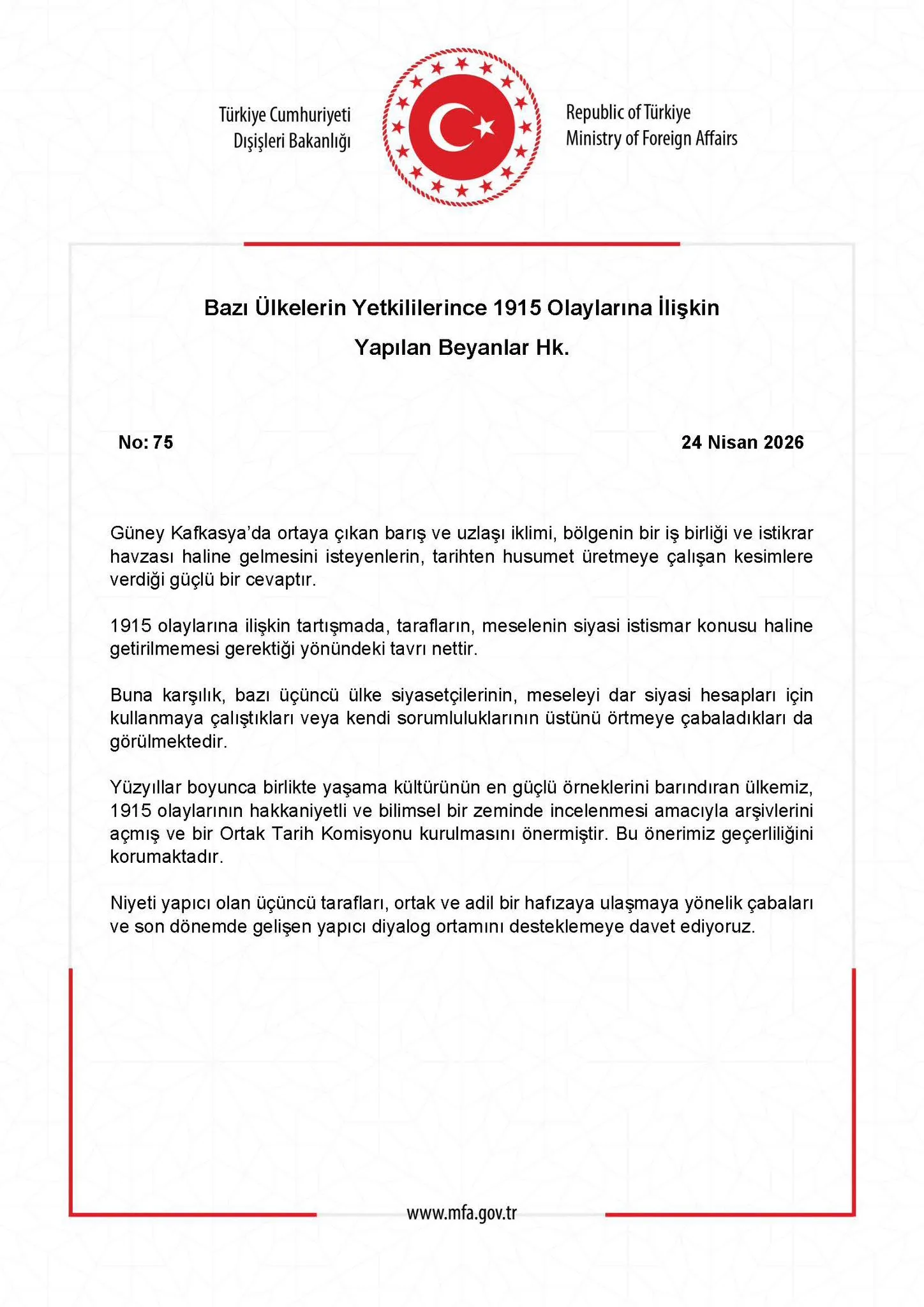 1915 Olaylarına İlişkin Resmi Açıklamalar