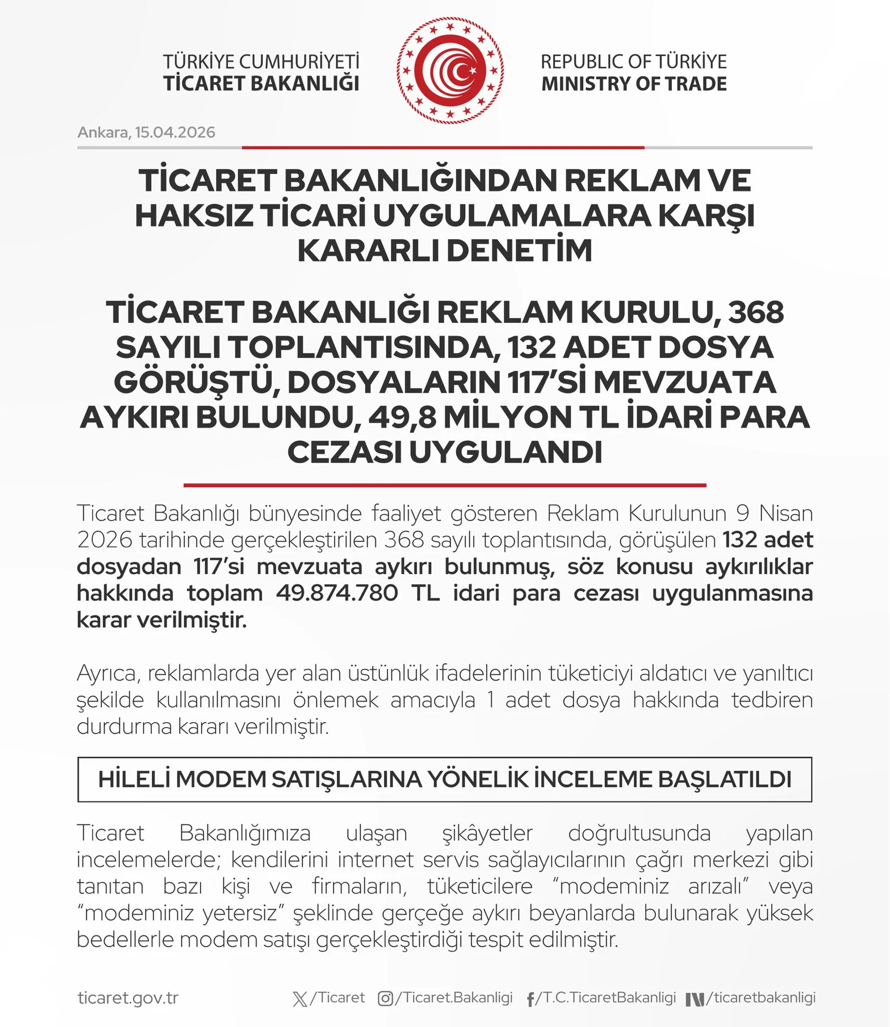 Ticaret Bakanlığı Reklam Denetiminde Cezalar Verdi