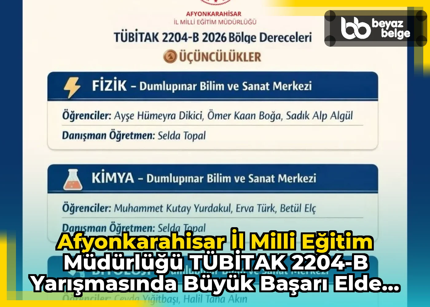 Afyonkarahisar İl Milli Eğitim Müdürlüğü TÜBİTAK 2204-B Yarışmasında Büyük Başarı Elde Etti