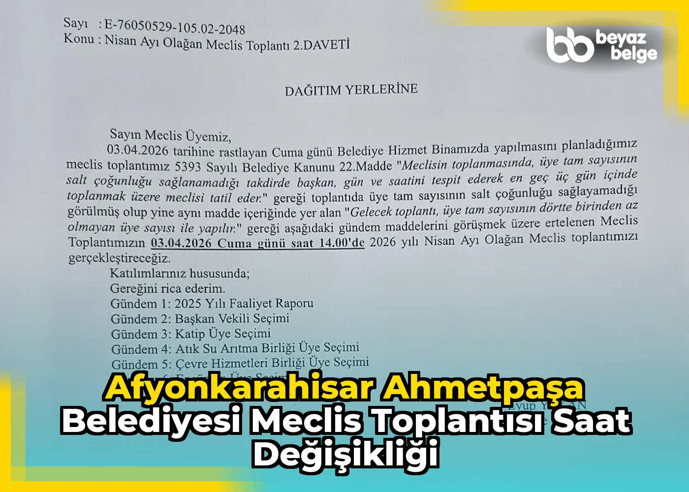 Afyonkarahisar AhmetPaşa Belediyesi Meclis Toplantısı Saat Değişikliği