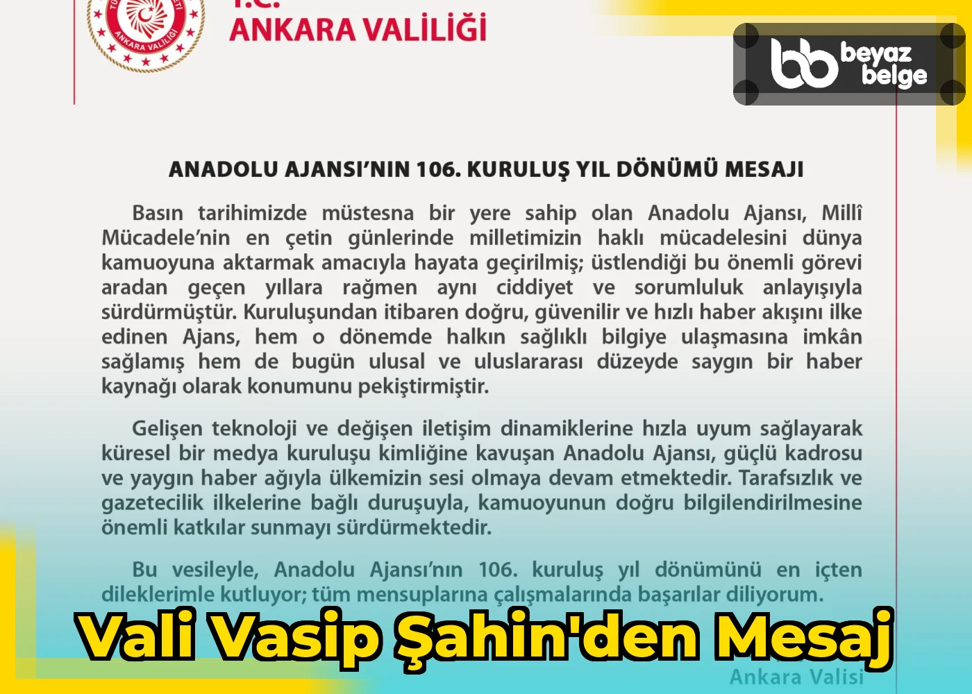 Vali Vasip Şahin'den mesaj