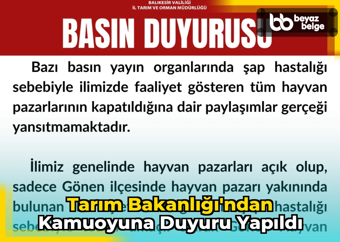 Tarım Bakanlığı'ndan Kamuoyuna Duyuru Yapıldı