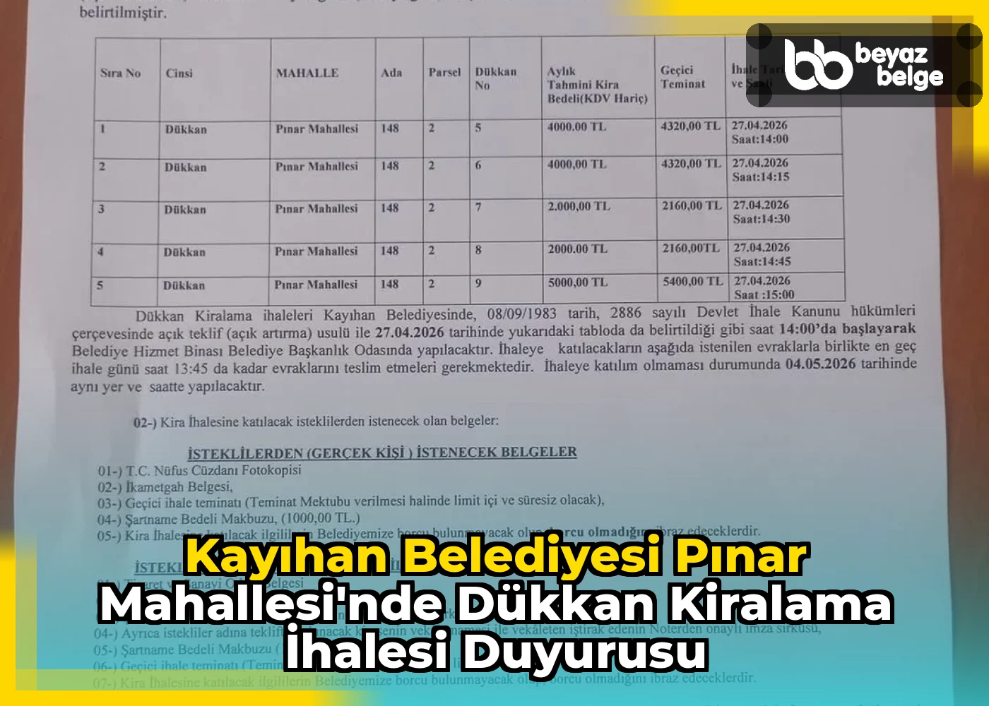 Kayıhan Belediyesi Pınar Mahallesi'nde Dükkan Kiralama İhalesi Duyurusu