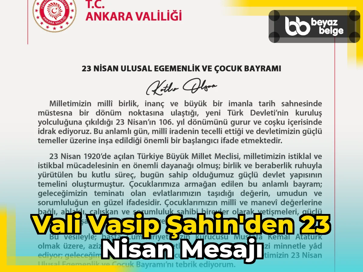 Vali Vasip Şahin'den 23 Nisan Mesajı