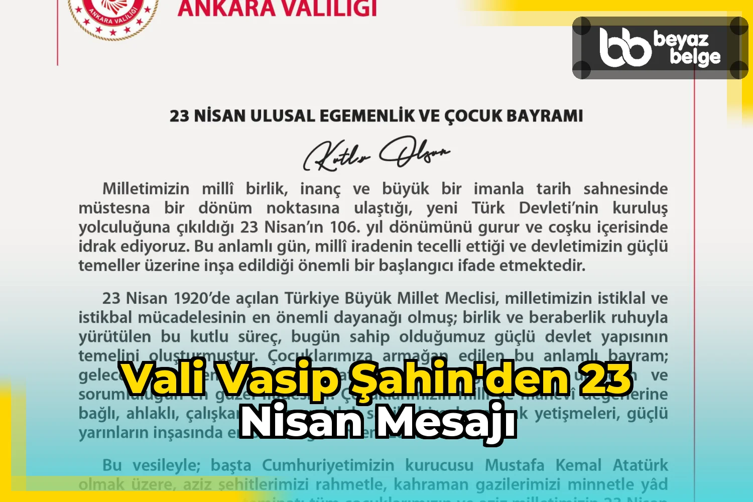 Vali Vasip Şahin'den 23 Nisan Mesajı