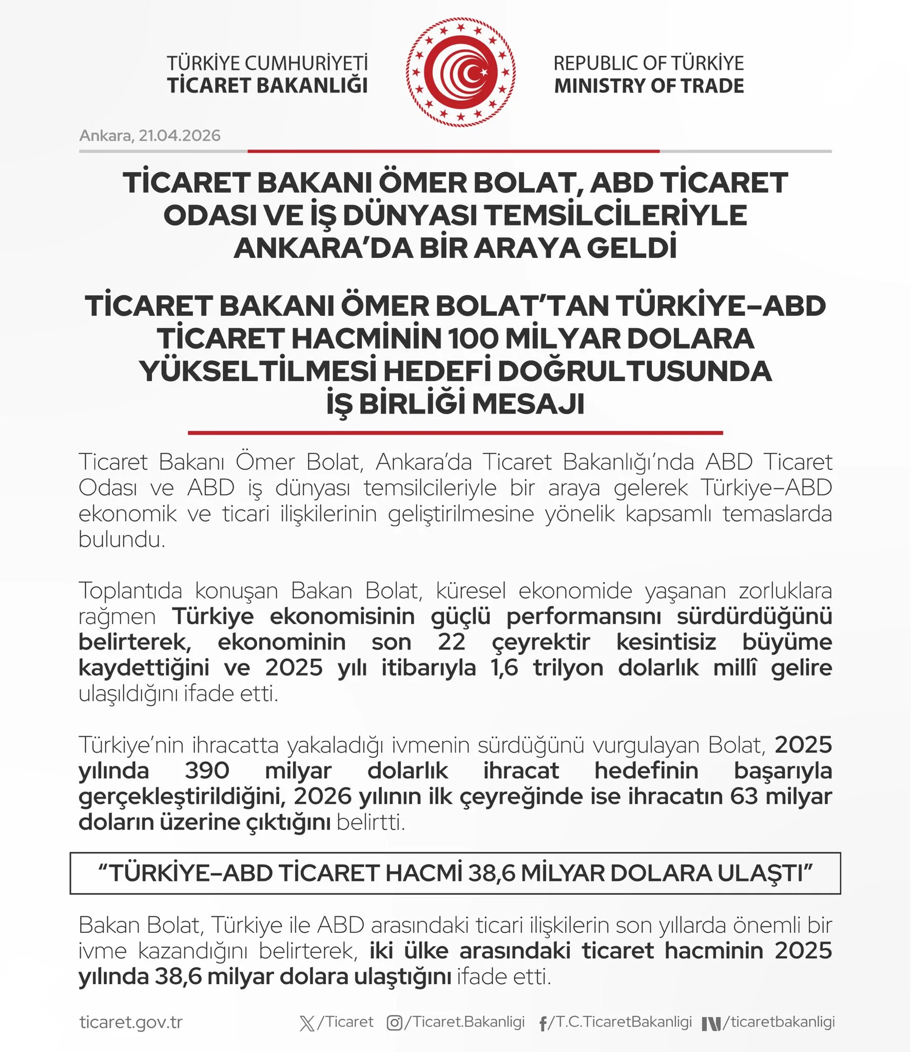 Ömer Bolat, ABD Ticaret Odası ile görüştü