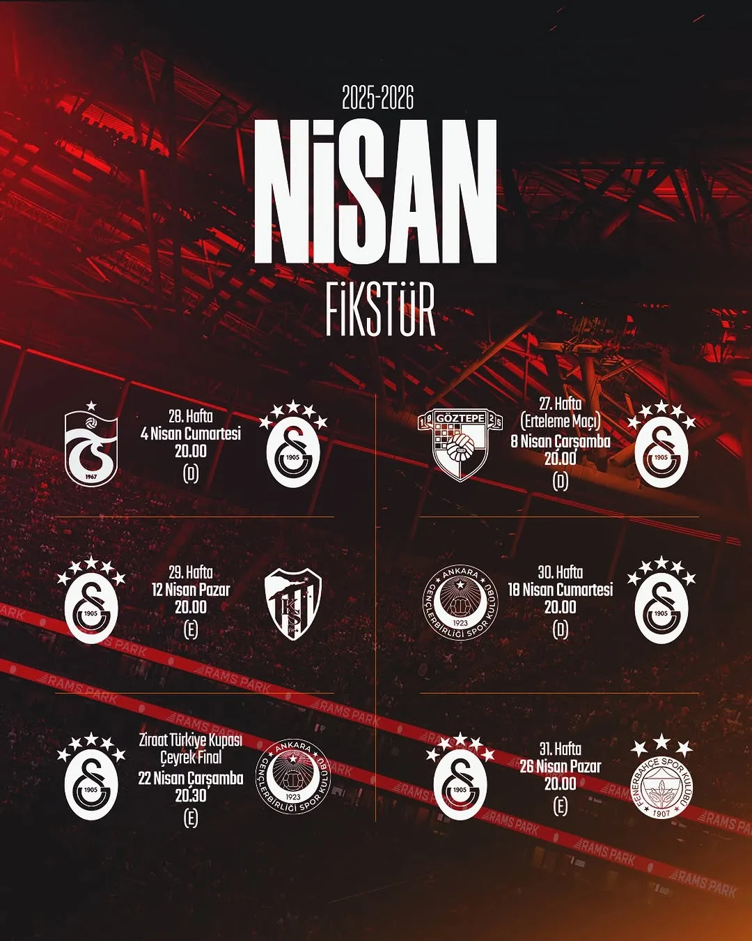 Galatasaray'ın Nisan Ayı Maç Programı Belli Oldu