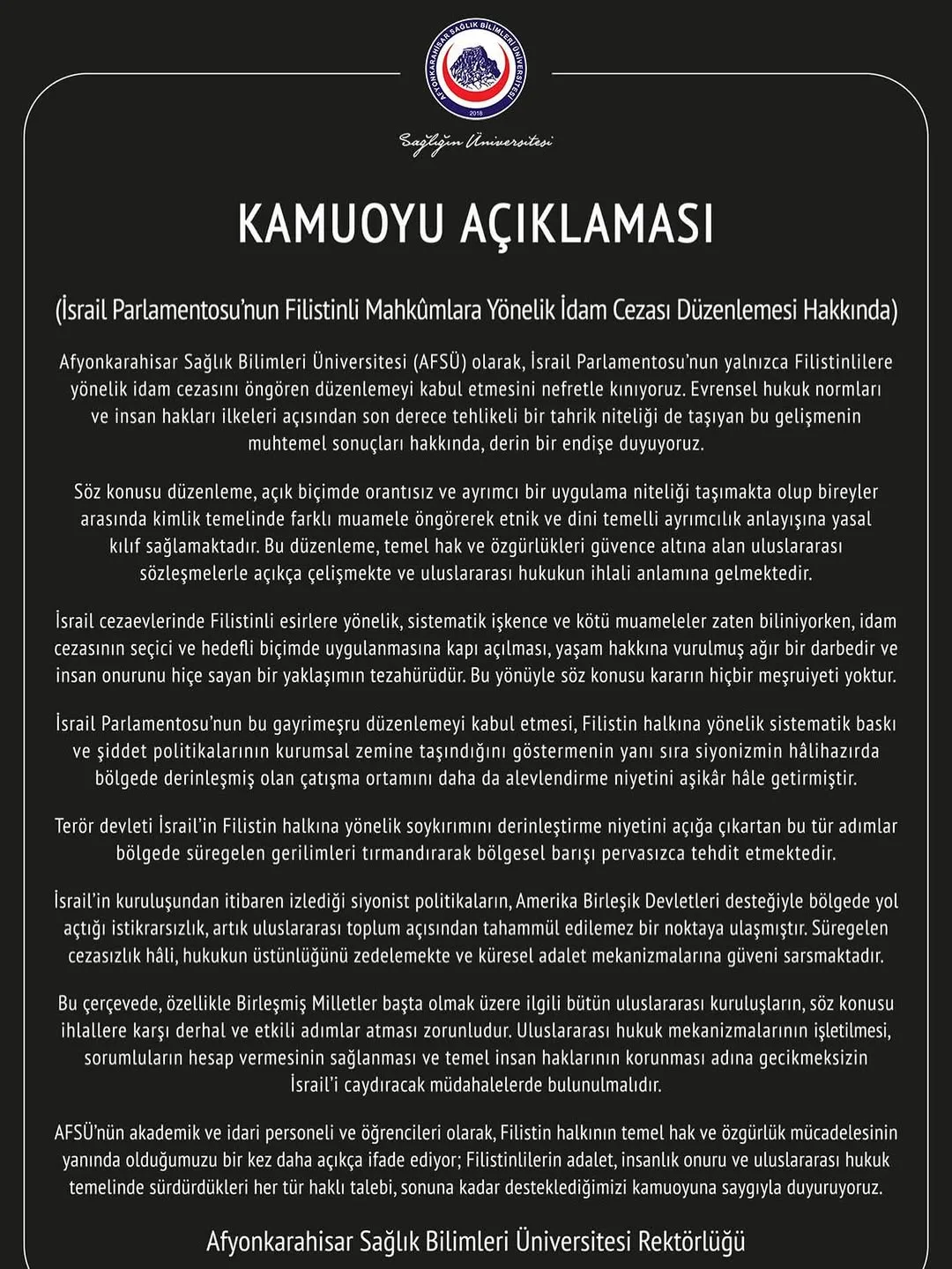 Afyonkarahisar Sağlık Bilimleri Üniversitesi AFSÜ'nün İsrail Parlamentosu'nun Filistinli Mahkûmlara Yönelik İdam Cezası Düzenlemesi Hakkındaki Açıklaması