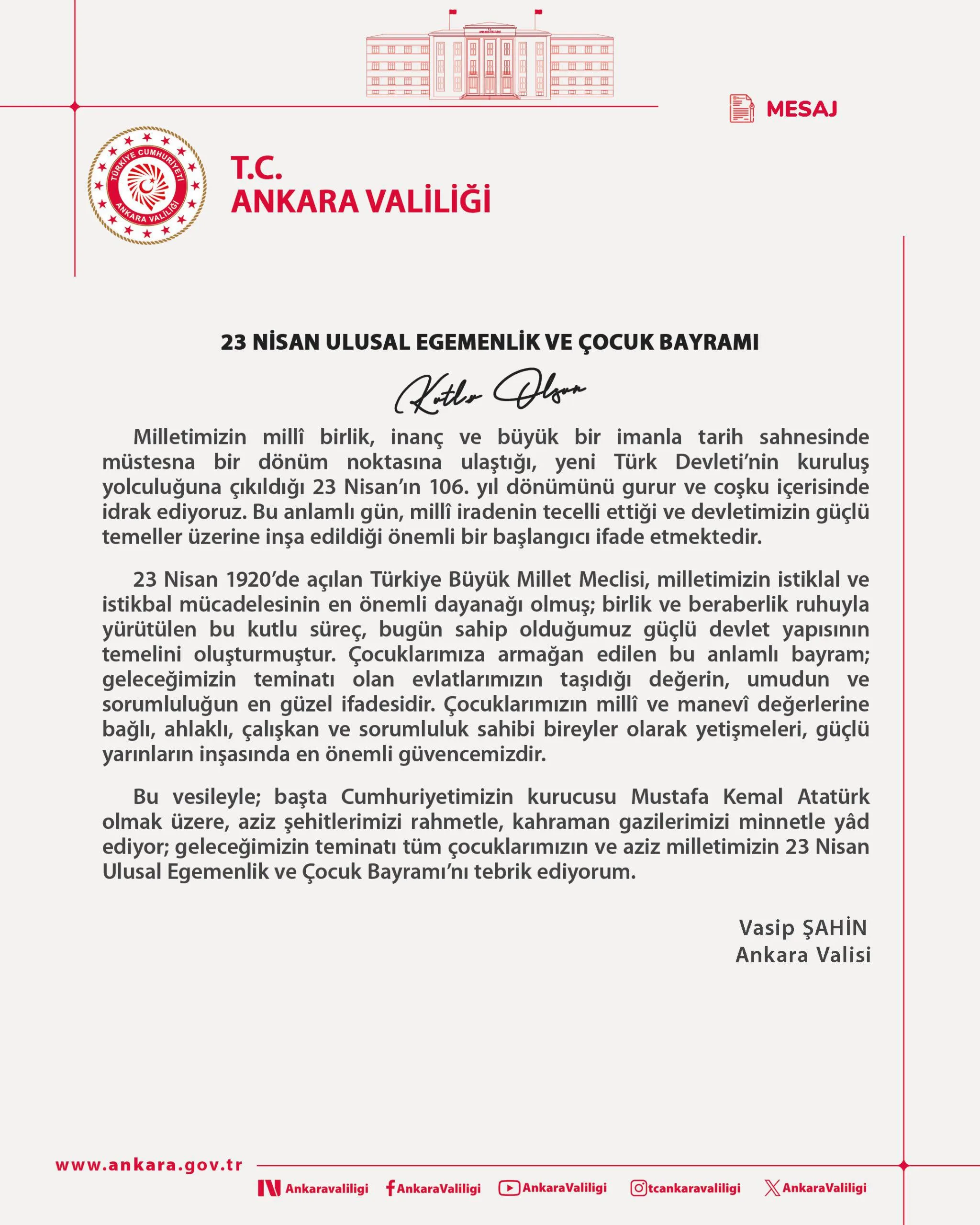 Vali Vasip Şahin'den 23 Nisan Mesajı