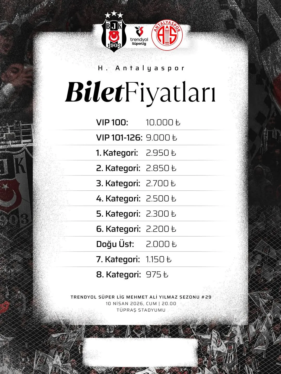 Beşiktaş, H. Antalyaspor Maçı Biletleri Satışa Çıkıyor