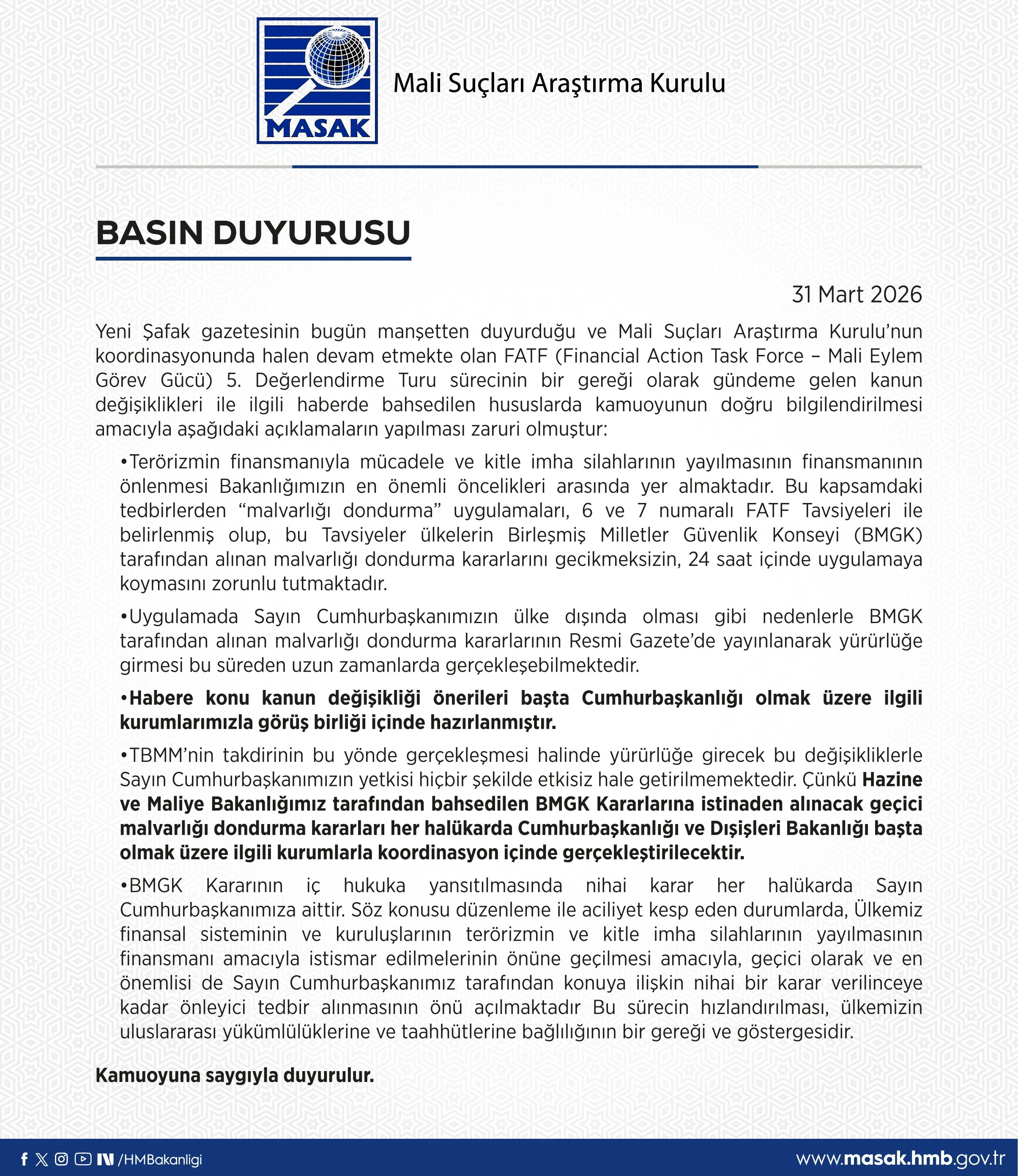 MASAK'tan Basın Duyurusu