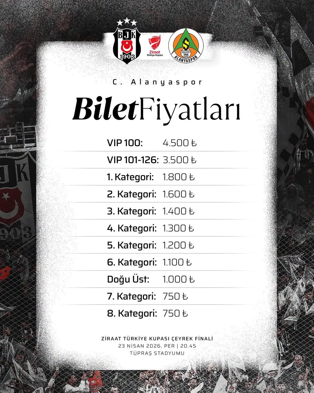 Beşiktaş, C. Alanyaspor Maçı Biletleri Hakkında Bilgilendirme